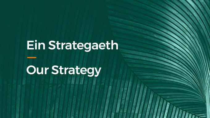 White text reads ‘Ein Strategaeth’ and ‘Our Strategy’ on a green overlay. The background image is the timber structure inside the Senedd building.
