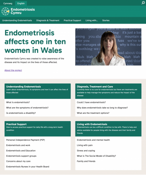 Screenshot of the Endometriosis Cymru website